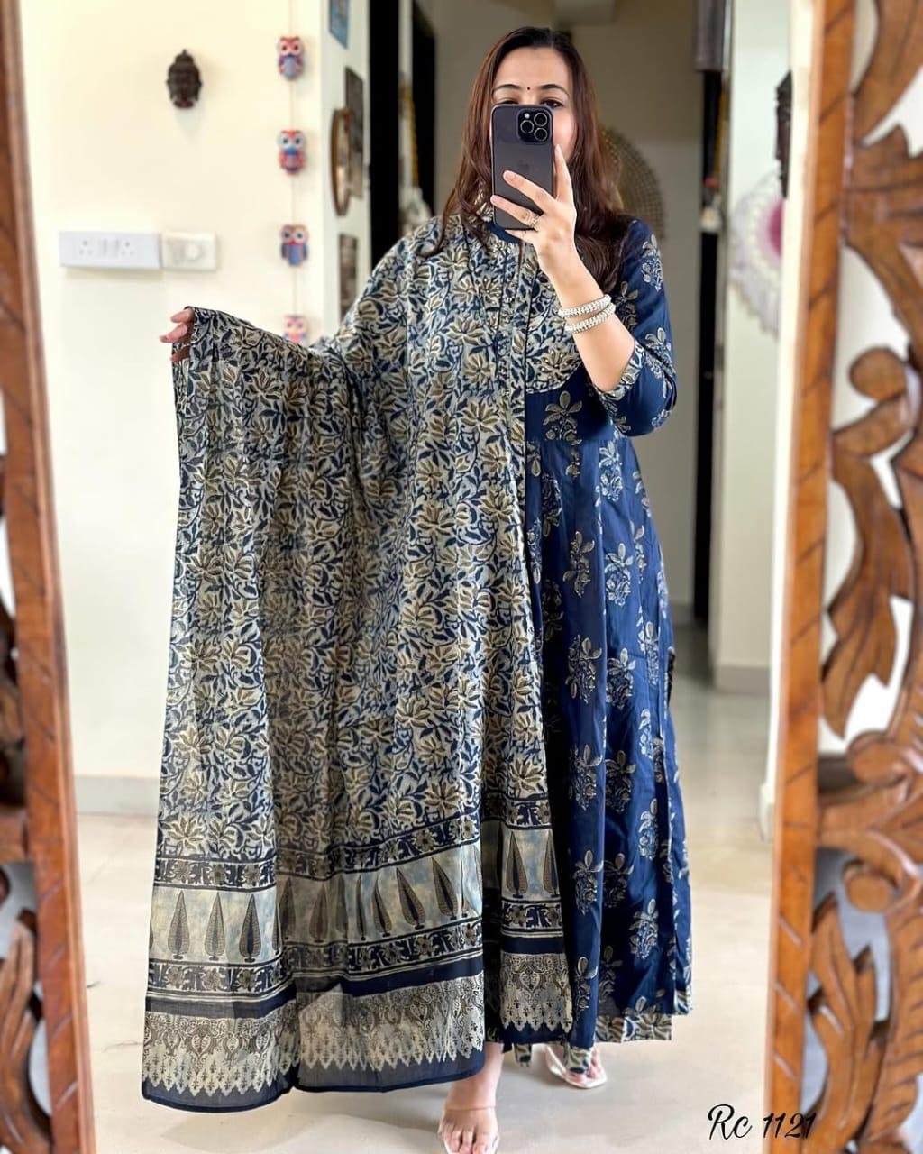 Blue Printed Cotton Anarkali Kurti Pant Dupatta Set